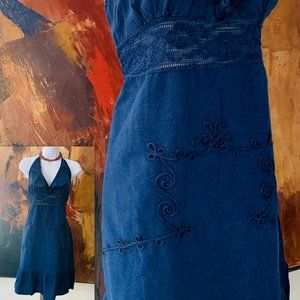 Denim Blue Halter Embroidered Organic Gauze Cotton Ruffle Sexy Country Dress NWT
